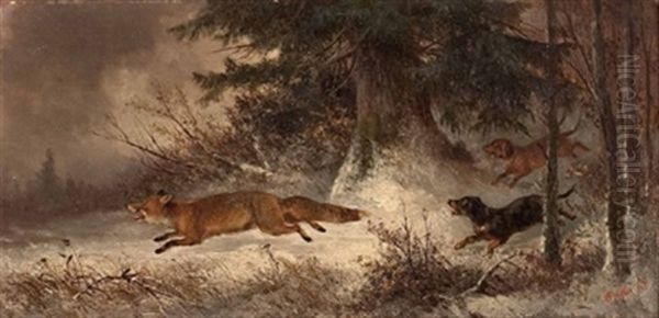 Jagdhunde Stellen Einen Fuchs Oil Painting by Carl Friedrich Ockert