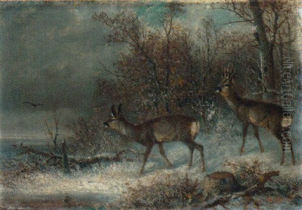 Waldrand Mit Rehwild Im Winter Oil Painting by Carl Friedrich Ockert