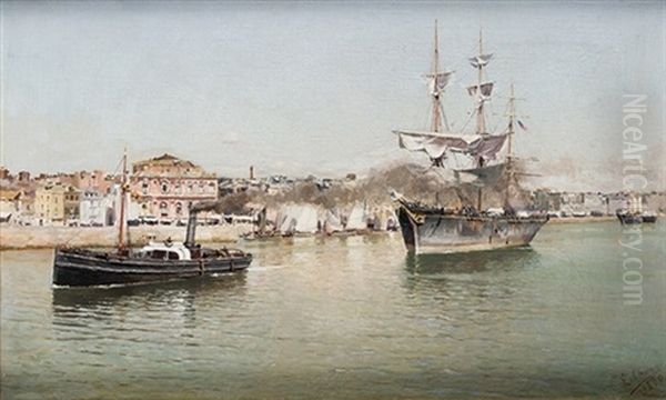 Barcos En La Bahia, 1890 Oil Painting by Emilio Ocon