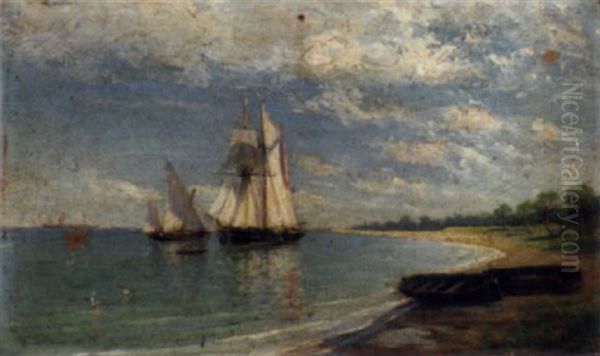 A Spanish Trader And A Xebec Drying Their Sails Off A Beach Oil Painting by Emilio Ocon