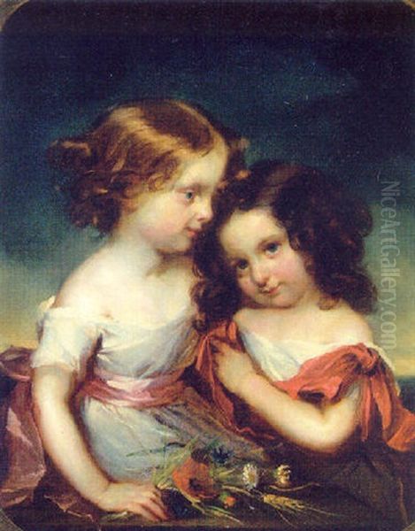 Portrait Of Two Sisters In White Dresses With Red Ribbons, Holding Flowers Oil Painting by Frederike Emilie Auguste O'Connell