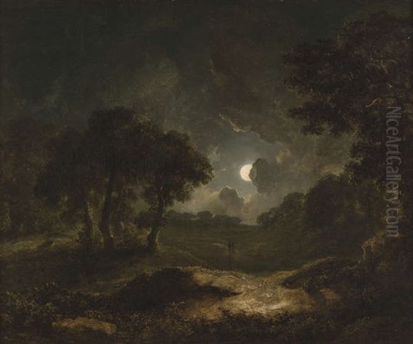 Two Figures In A Moonlit Landscape Oil Painting by James Arthur O'Connor