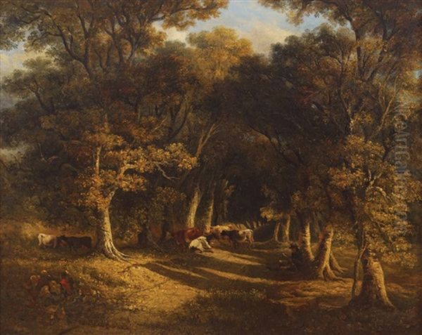 A Woodland Avenue With Cattle And Resting Herdsman Oil Painting by James Arthur O'Connor