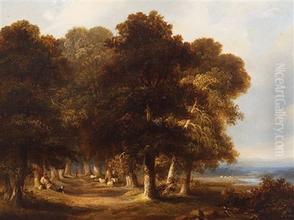 An Avenue Of Trees, With A Shepherd At Rest In The Foreground With His Dog And Flock, A Woman In Red Beyond Oil Painting by James Arthur O'Connor