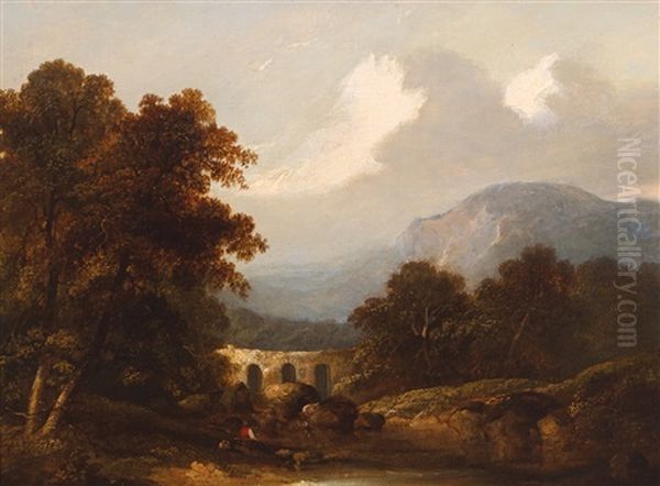 A Mountain Landscape, With A Man In Red At Rest On A Riverbank, A Bridge Beyond Oil Painting by James Arthur O'Connor