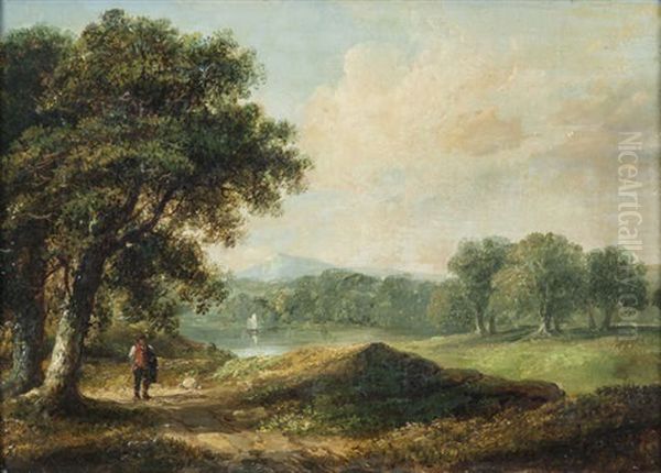 A Wooded Landscape With A Man On A Path, A Lake Beyond Oil Painting by James Arthur O'Connor