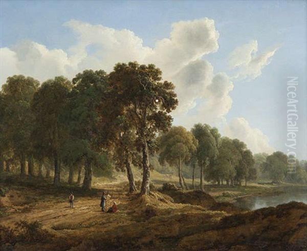 A Wooded Landscape With Figures With Figures On A Path, A Lake Behind Oil Painting by James Arthur O'Connor