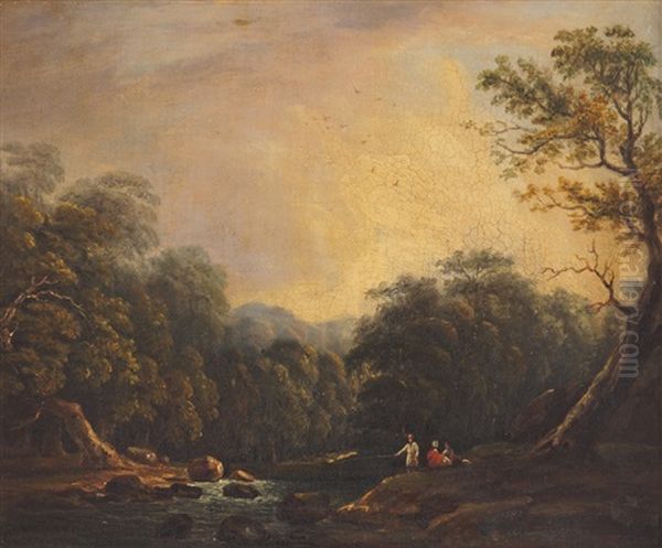 A Wooded River Landscape With Figures Fishing Oil Painting by James Arthur O'Connor