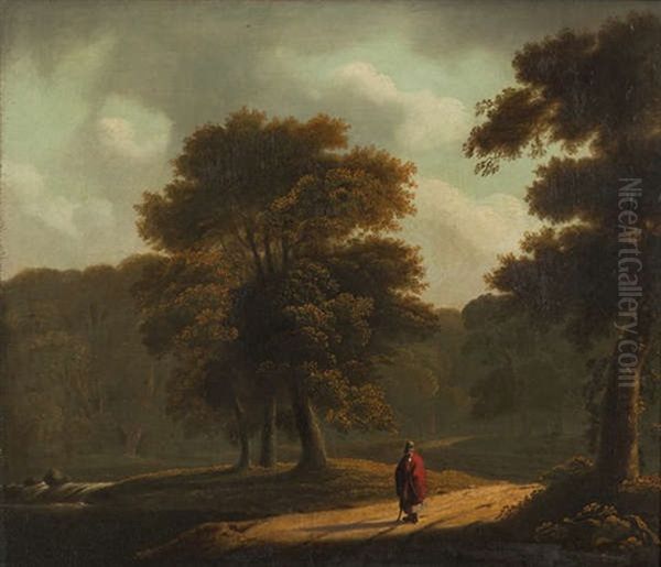 Woodland River Landscape With Figure On A Roadway Oil Painting by James Arthur O'Connor