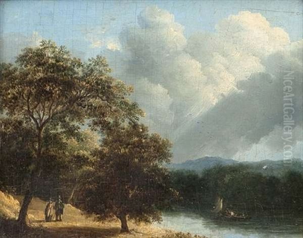 River Landscape With Figures In A Boat And Couple Walking Oil Painting by James Arthur O'Connor