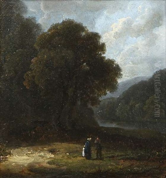 Wooded River Landscape With Figures In Conversation Oil Painting by James Arthur O'Connor