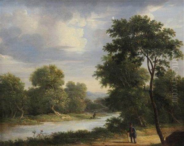 Angler In A River Landscape Oil Painting by James Arthur O'Connor