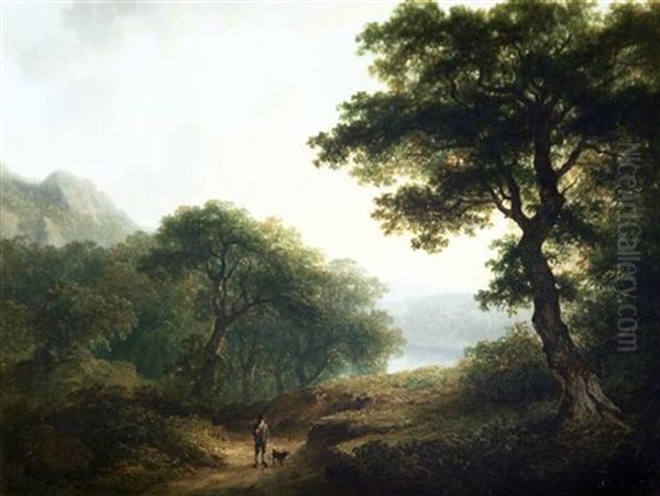 Extensive Wooded Landscape With A Distant View Of A Lake And A Man And Dog In The Foreground Oil Painting by James Arthur O'Connor