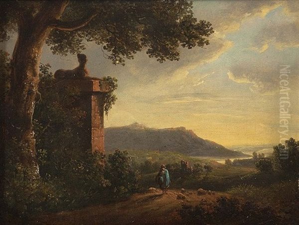 Figure Wearing Blue Coat In An Extensive Landscape And Woman Approaching Castle Ruin In A Landscape (pair) Oil Painting by James Arthur O'Connor