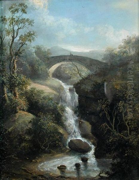 A Stone Bridge Over A Stream And Waterfall Oil Painting by James Arthur O'Connor