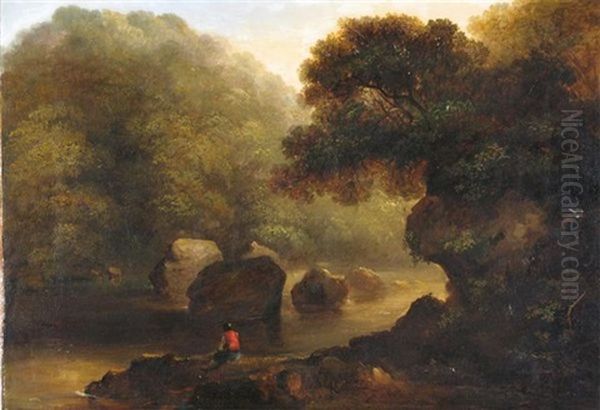 Wooded River Landscape With Traveler Resting Oil Painting by James Arthur O'Connor