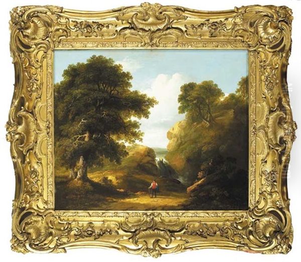 Traveller In Extensive Wooded Mountain Landscape Oil Painting by James Arthur O'Connor