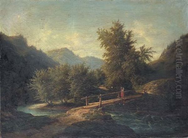 A Mountainous Wooded River Landscape With A Figure Crossing A Bridge Oil Painting by James Arthur O'Connor