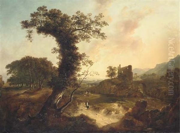 An Extensive Wooded River Landscape With A Milk-maid In The Foreground, A Ruin And The Coast Beyond Oil Painting by James Arthur O'Connor