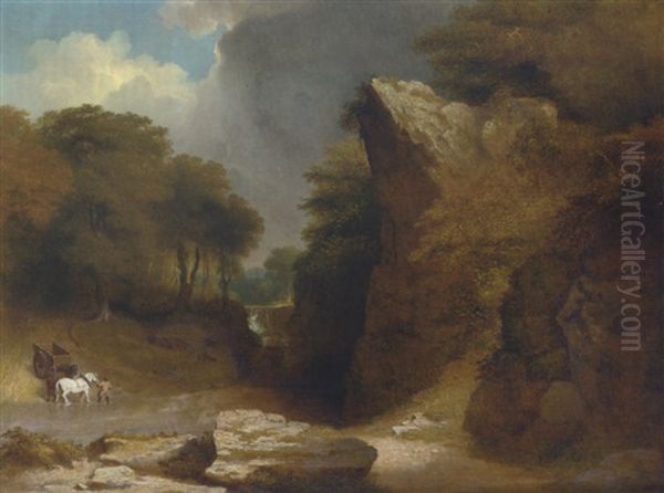 The Ford - A Mountainous River Landscape With A Figure With A Wagon And Horses At A Ford Oil Painting by James Arthur O'Connor