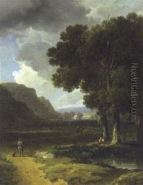 Extensive River Landscape With Figures And Cattle Oil Painting by James Arthur O'Connor