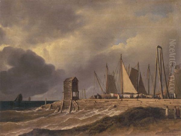 A Pier In Choppy Seas With Figures In The Foreground And Sailing Boats Beyond (the Old Fish Market At Brighton?) Oil Painting by James Arthur O'Connor