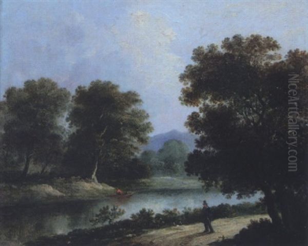 River Landscape With Figure In A Boat And Traveller On A Path Oil Painting by James Arthur O'Connor