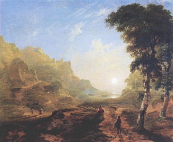 Sunset Over A Rocky Wooded Valley With Figures Oil Painting by James Arthur O'Connor