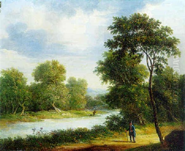 A Traveller On A Riverside Road With A Fisherman In The Distance Oil Painting by James Arthur O'Connor