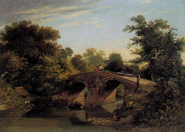 Landscape With Figures Resting On A Bridge Oil Painting by James Arthur O'Connor