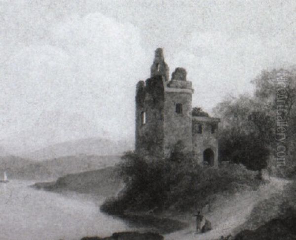 Figures In Front Of A Ruined Castle At The Edge Of A Lake Oil Painting by James Arthur O'Connor