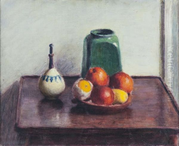 Still Life Study With Fruit And Pottery On A Mahogany Table Oil Painting by Roderic O'Conor