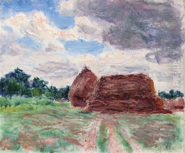 Landscape With Red Haystacks Oil Painting by Roderic O'Conor