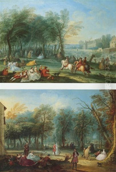 A Fete Champetre With Elegant Figures Resting And Horsemen Riding By A Wood Oil Painting by Francois Octavien