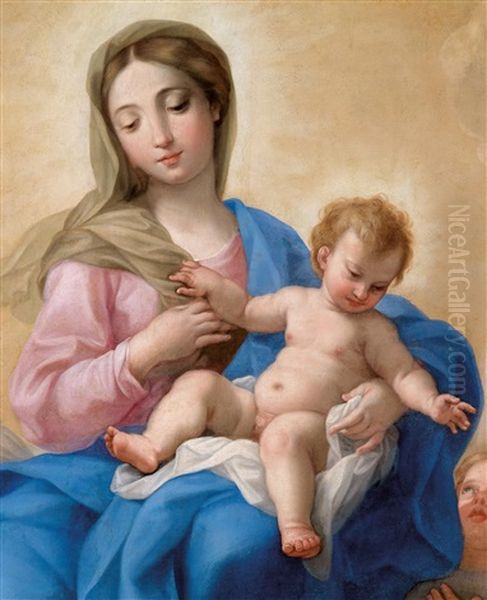 Thronende Madonna Mit Dem Christusknaben Und Einem Engel Oil Painting by Giovanni Odazzi