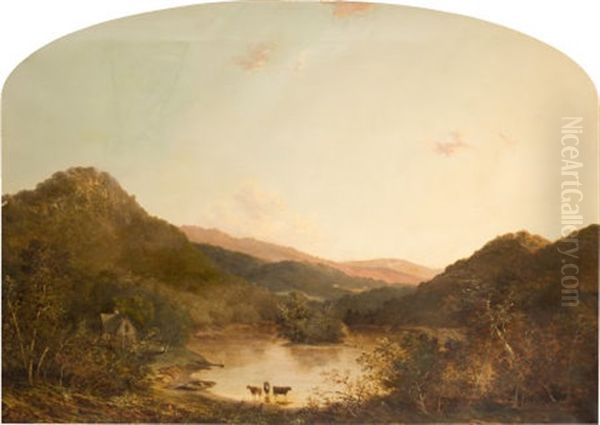 Three Cows Watering In An Extensive Hilly Landscape Oil Painting by Walter Mason Oddie