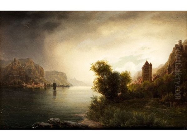 Flusslandschaft Mit Burgen Auf Den Seitlichen Felshohen Oil Painting by Otto Odebrecht