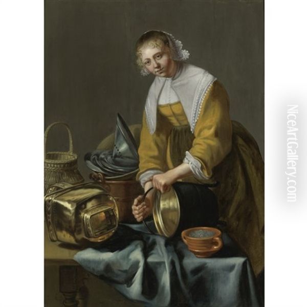 A Kitchen Maid Standing By A Table With Copper Pots, Pewter Plates And Other Objects Oil Painting by Willem Van Odekerken