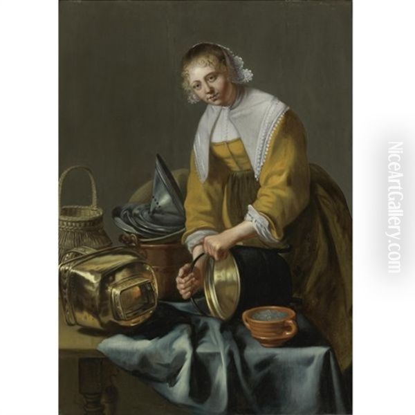 A Kitchen Maid Standing By A Table With Copper Pots, Pewter Plates And Other Objects Oil Painting by Willem Van Odekerken