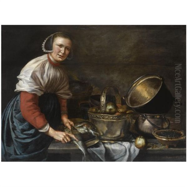 A Lady Cleaning Fish, Standing At A Table With A Copper Bowl With Apples, Copper Pans And A Small Dish With Herbs Oil Painting by Willem Van Odekerken