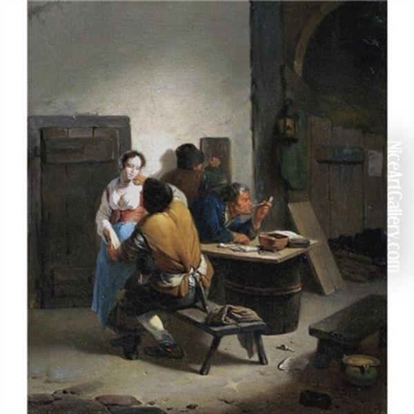 A Tavern Interior With A Barmaid Being Seduced By A Customer Oil Painting by Willem Van Odekerken