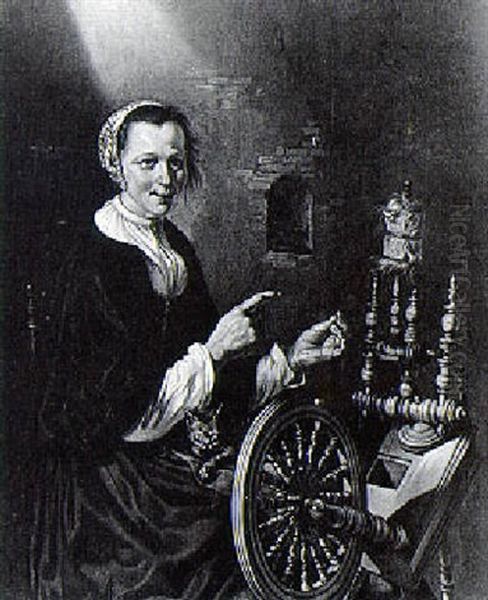 A Woman At Her Spinning Wheel Oil Painting by Willem Van Odekerken