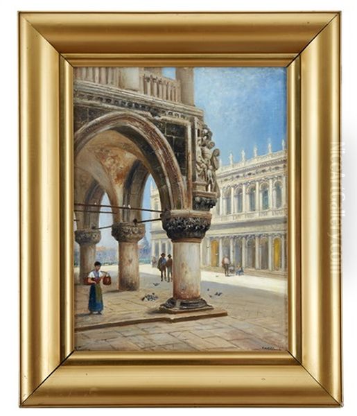 Markusplatsen Vid Palazzo Ducale Med Vy Over San Marco-biblioteket Och Canal Grande Oil Painting by Frans Wilhelm Odelmark