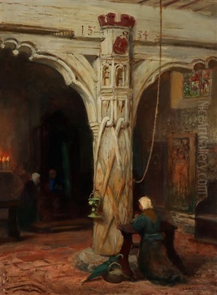 A South European Church Interior With A Woman Praying Oil Painting by Frans Wilhelm Odelmark