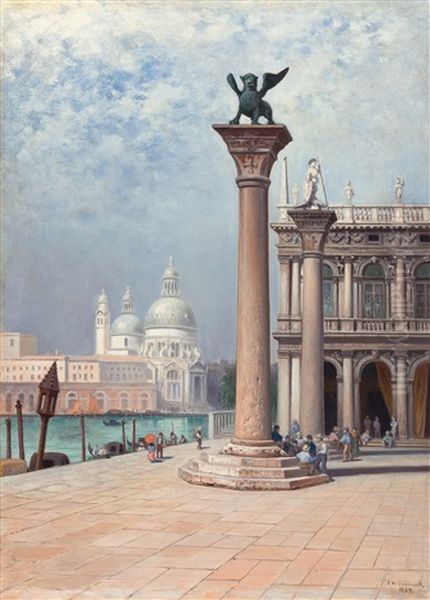 Der Markusplatz Mit Der Markussaule Oil Painting by Frans Wilhelm Odelmark