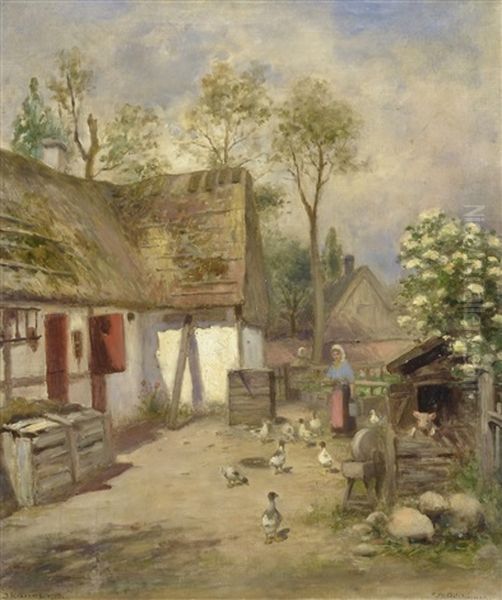 Skanormotiv Med Korsvirkesgard Oil Painting by Frans Wilhelm Odelmark