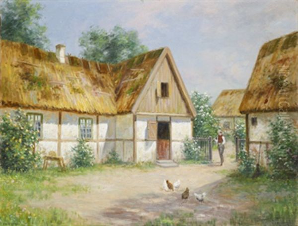 Korsvirkesgard I Sommargronska Med Bonde Och Hons Oil Painting by Frans Wilhelm Odelmark