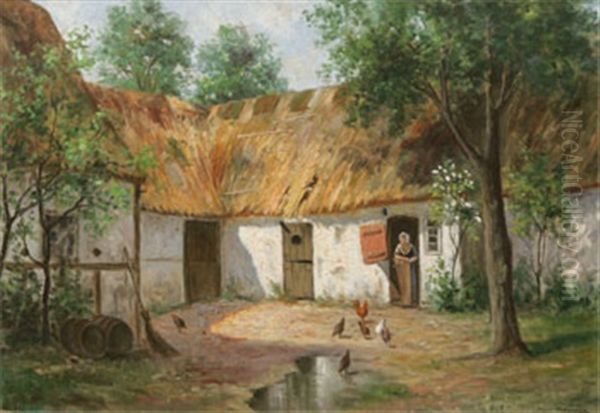 Skansk Gardsexterior Med Piga Och Hons Oil Painting by Frans Wilhelm Odelmark