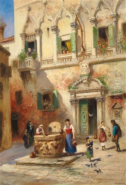 Blick Auf Venezianischen Palast Mit Brunnen Und Figurenstaffage An Einem Prachtvollen Sommertag Oil Painting by Frans Wilhelm Odelmark