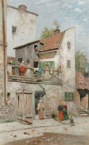 Gatubild Med Manniskor - Motiv Fran Nybergsgatan, Kvarteret Kronkvarnen, Stockholm Oil Painting by Frans Wilhelm Odelmark